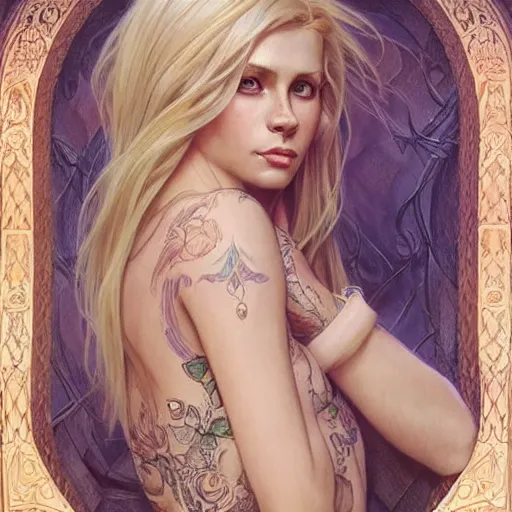 Image similar to ultra realistic illustration, a hot and beautiful tattooed blonde slavic woman in her 3 0's, intricate, elegant, highly detailed, digital painting, artstation, concept art, smooth, sharp focus, illustration, art by artgerm and greg rutkowski and alphonse mucha