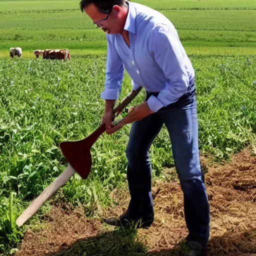 Image similar to mark rutte wielding an axe hitting cows, on farmland