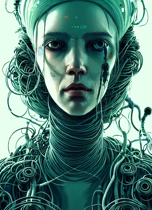 Prompt: highly detailed portrait of a biopunk long curly white hair tribal lady, stray wiring by atey ghailan, james gilleard, by joe fenton, by greg rutkowski, by greg tocchini, by kaethe butcher, 4 k resolution, gradient green, black and white color scheme!!! ( ( irradiated robotic wasteland background ) )