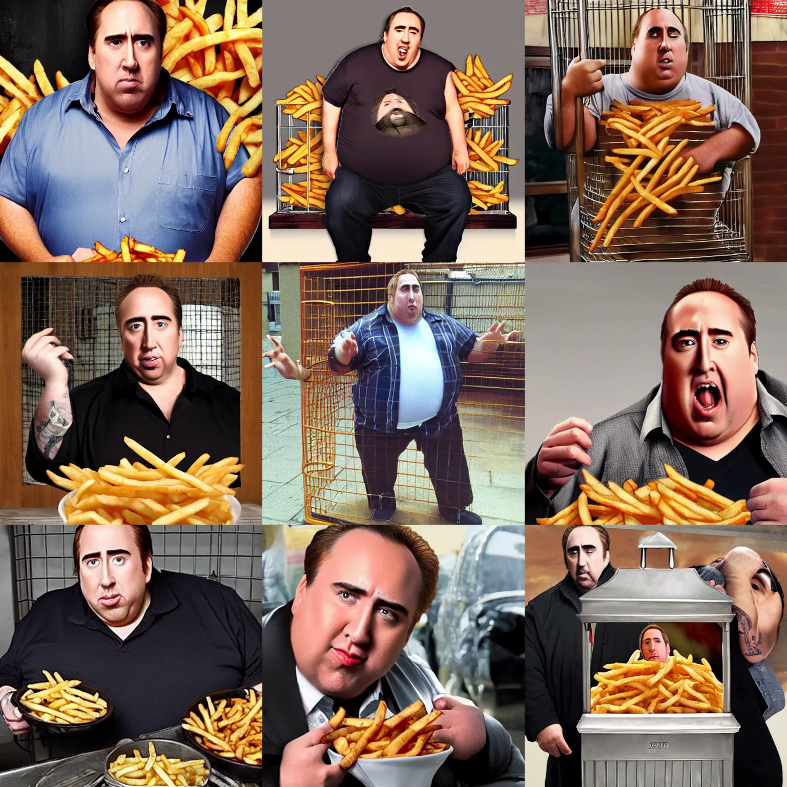 Prompt: obese nicholas cage in a cage with cajun fries