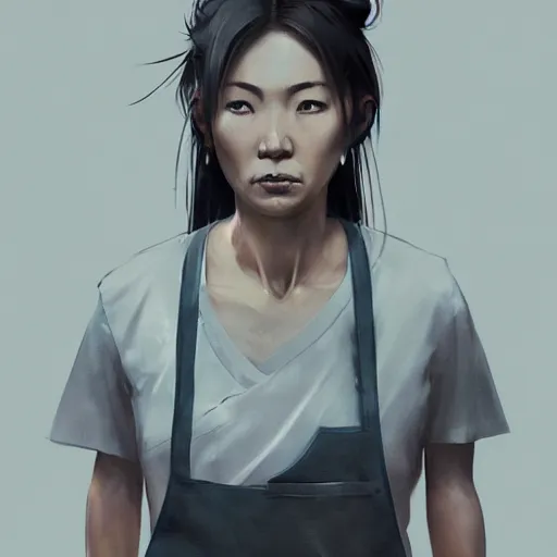 Image similar to portrait of a short muscular Japanese woman with a short ponytail wearing a gray t shirt and a work apron, dramatic lighting, illustration by Greg rutkowski, yoji shinkawa, 4k, digital art, concept art, trending on artstation