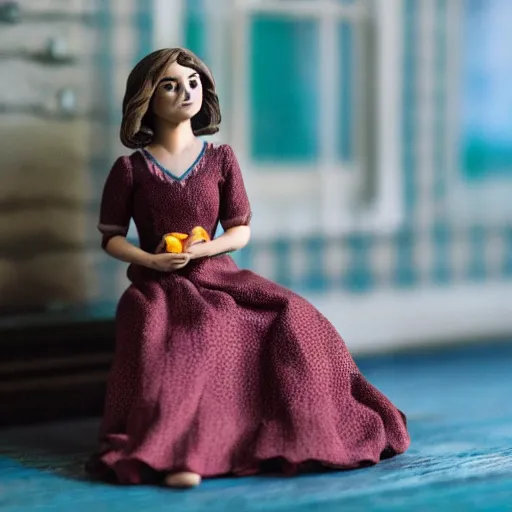 Prompt: jenna coleman figurine by pixar sad bokeh on wooden table.