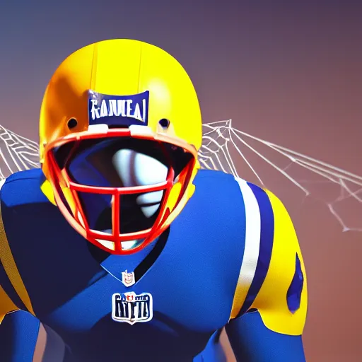 Image similar to a closeup photorealistic photograph of a spider man themed la rams football player. professional capture. bright scene. this 4 k hd image is trending on artstation, featured on behance, well - rendered, extra crisp, features intricate detail, epic composition and the style of unreal engine.