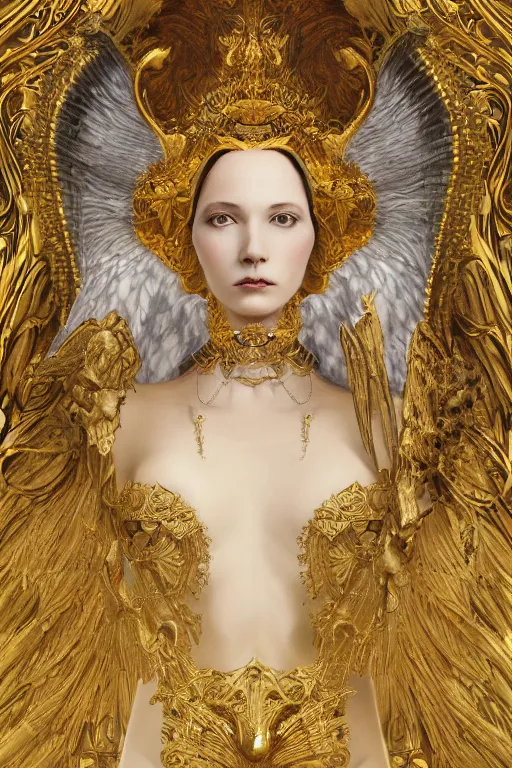 Image similar to concept art, angel woman, beautiful, frank frazetta, ornate, art nouveau, symmetrical, gold jewelry, high contrast, unbiased render, Emil melmoth, eerie, haunting, victorian, 8k, octane render, style of Gustav Klimt, head and shoulders