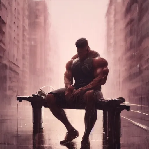 Image similar to a highly detailed portrait of a muscular man sitting on a bench in the rain, digital art, retrowave, cyberpunk, artstation, pixiv, by wlop, greg rutkowski