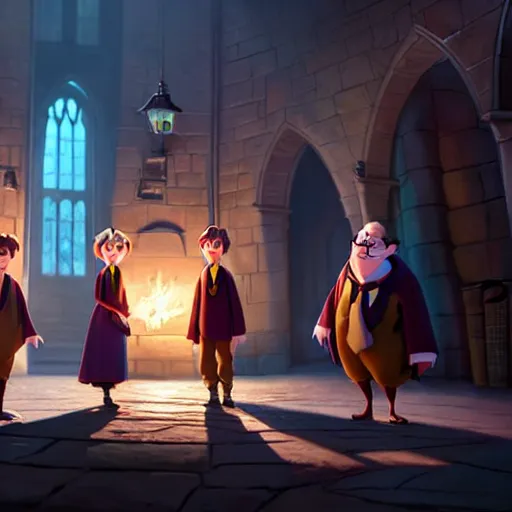 Image similar to a wholesome animation key shot of harry potter students, pixar and disney animation, sharp, very detailed, high resolution, rendered in unreal engine 5, key art by greg rutkowski, bloom, dramatic lighting