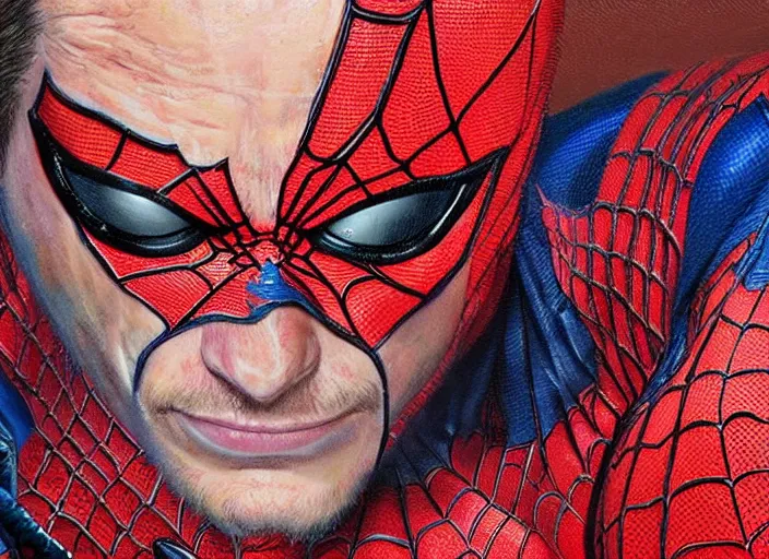 Image similar to a highly detailed terrifying portrait andrew garfield spidey, james gurney, james jean