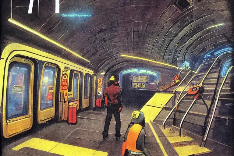 Image similar to 1979 OMNI Magazine Cover of a subway train maintenance tunnel. Cyberpunk Akira style by Vincent Di Fate