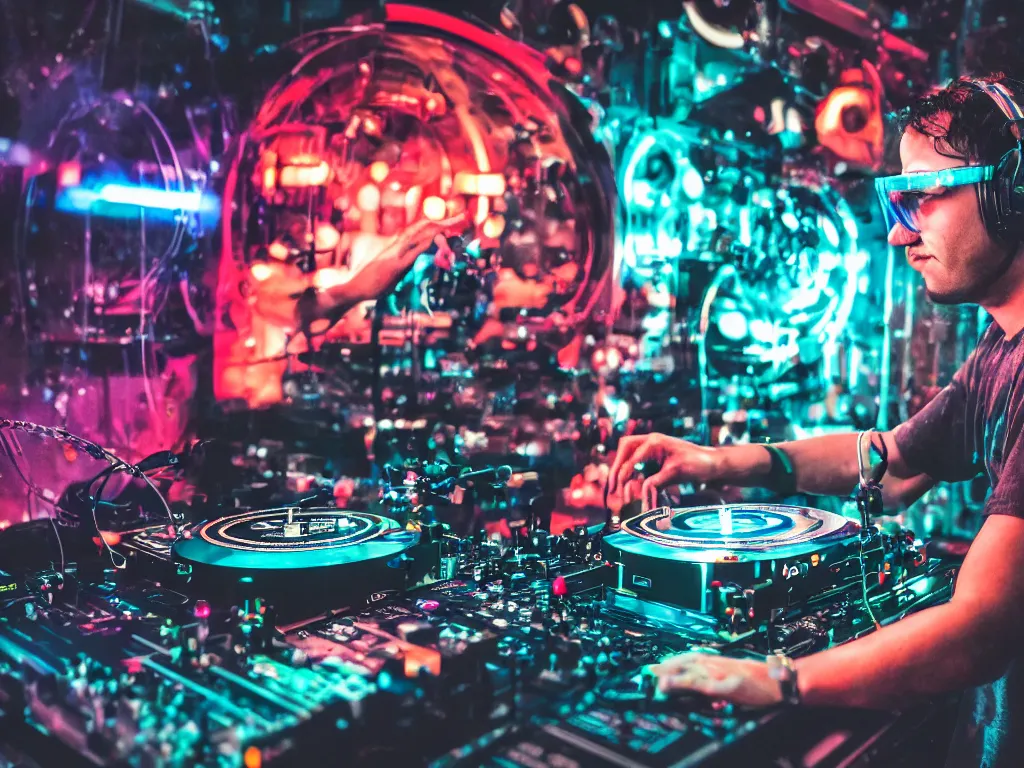 Image similar to a person wearing goggles and visor and headphones using a complex record player contraption, wires and tubes, turntablism dj scratching, intricate planetary gears, cinematic, imax, sharp focus, leds, bokeh, iridescent, black light, fog machine, hazy, lasers, color splash, cyberpunk