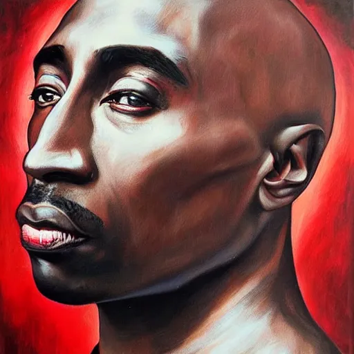 Image similar to a realistic oil painting of tupac shakur as a cybernetic cyborg, surrealism portrait, surrealism album cover