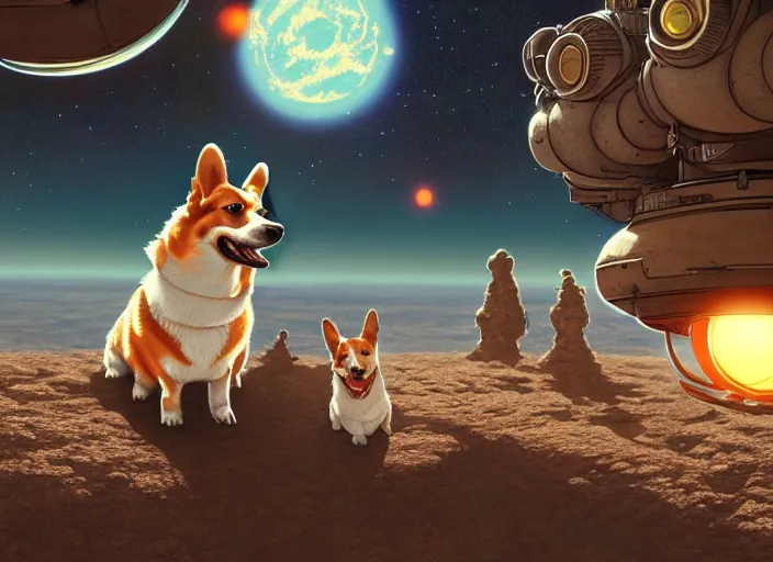 Prompt: highly detailed illustration of a corgi visiting an alien planet, artstation, cinematic lighting, hyperdetailed, cgsociety, 8k, high resolution, by Norman Rockwell, insanely detailed and intricate