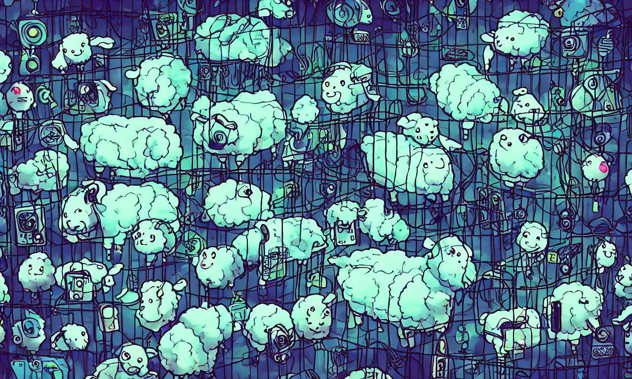 Prompt: an andrioid's dream of electric sheep, dream, ghostly, sleepy, cozy, texture, sheep jumping fence, counting sheep, abstract, gynoid,