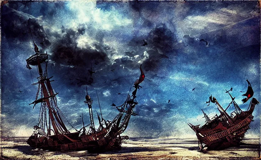 Image similar to “Pirate ship wreck falling from the sky, digital art, cinematic, award winning”