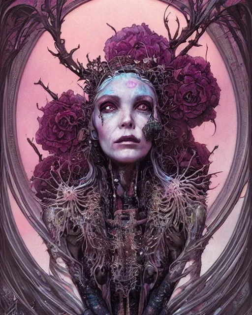 Image similar to a beautiful detailed front view portrait of a dead rotten princess with cyberpunk ornate growing around, ornamentation, elegant, beautifully soft and dramatic lit, by wayne barlowe, peter mohrbacher, kelly mckernan