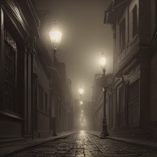 Image similar to victorian city street, dark, misty, at night, 8 k, detailed, concept art, trending on artstation