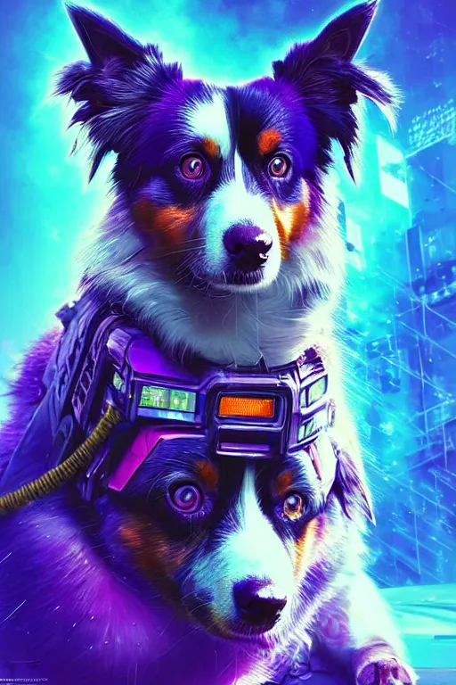 Image similar to a beautiful portrait of a cute cyberpunk australian shepard by greg rutkowski and wlop and sandra chevrier, purple blue color scheme, high key lighting, volumetric light, digital art, highly detailed, fine detail, intricate, ornate, complex, octane render, unreal engine, photorealistic