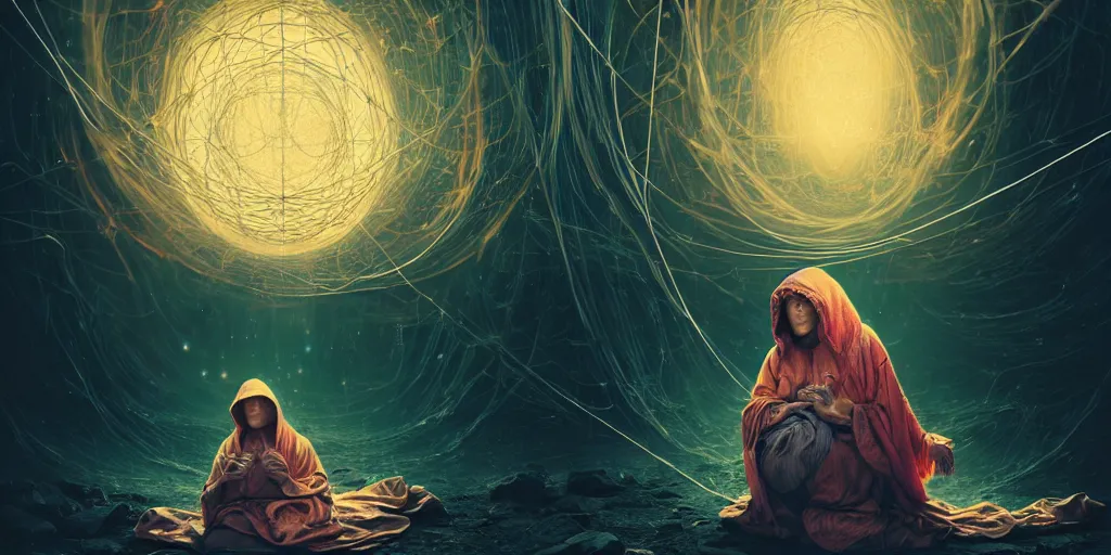 Image similar to old hooded woman weaving the strings of the multiverse, epic scene, dramatic, multiverse, highly detailed, high quality, 8 k, 4 k, octane render, digital painting, alena aenami, lilia alvarado, shinji aramaki, karol bak, alphonse mucha, tom bagshaw