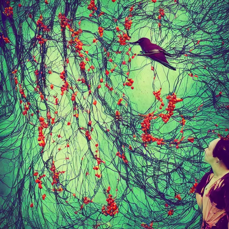 Image similar to human with the sea and the forest inside, veins diverge through the body like rivers filmed on a satellite, a person is decorated with wild berries, a beautiful bird is looking at him next, colorful picture