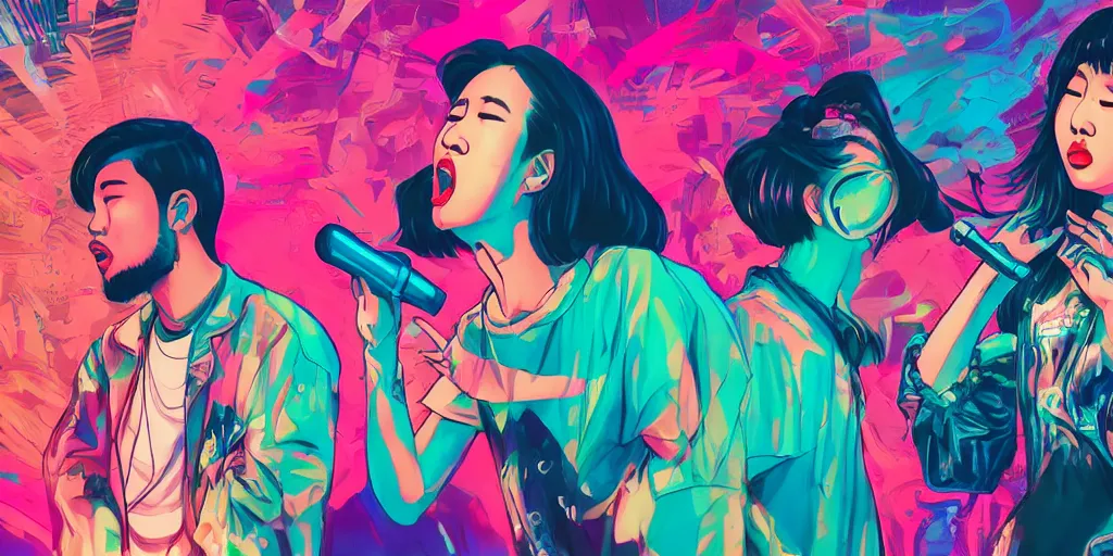 Prompt: Asian women and Hispanic men rapping with microphone in living room, epic poses, distinct figures, digital art, vaporwave, psychedelic, surreal, outrun, hip hop, trending on Artstation, professional artist, detailed, 4k