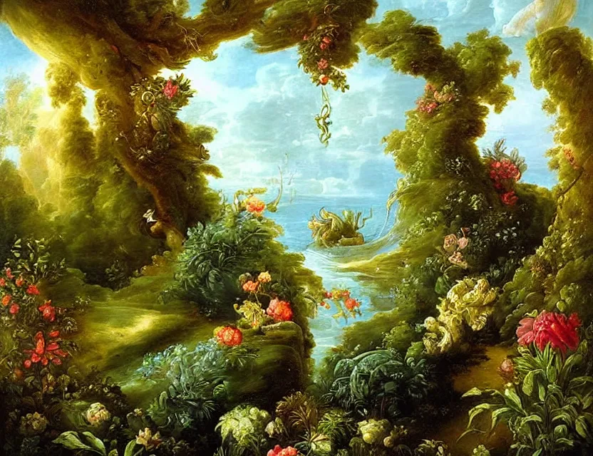 Prompt: ocean spirit lost in a garden. this rococo and art noveau painting by the award - winning artist has dramatic lighting, an interesting color scheme.