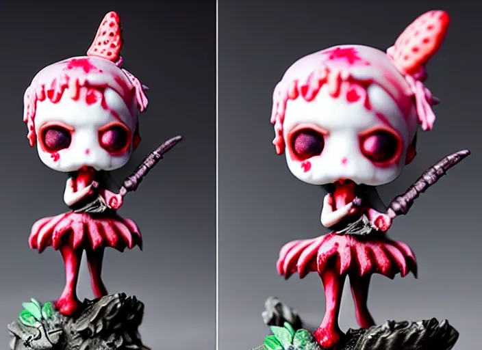 Prompt: a very sad femo figurine of a cute funny undead strawberry fairy zombie with bandages wearing a dirty floral torn strawberry dress featured on bloodborne by beksinski and gamesworkshop, carrying survival gear, wearing strawberry backpack, shambling aimlessly, dark foreboding atmosphere, 🎀 🧟 🍓 🧚