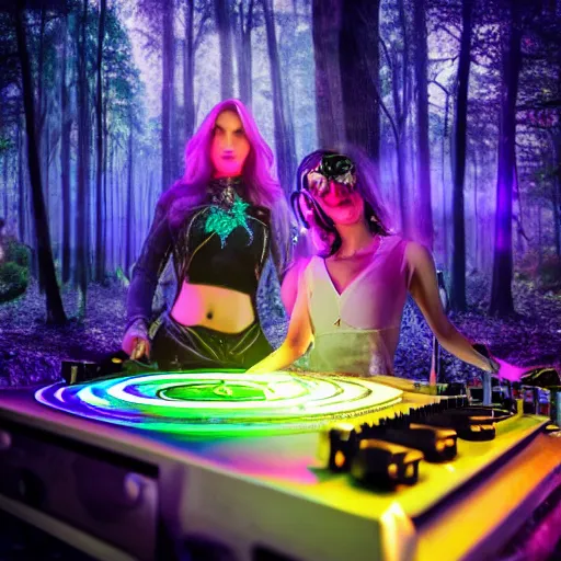 Image similar to double exposure of a beautiful fairy and a cupid djs playing turntables in a rave party at a magical forest, digital art, cinematic photo - realistic 8 k high detailed