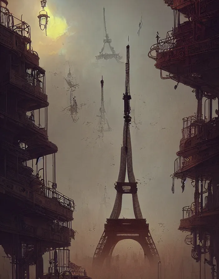 Prompt: a steampunk eiffel tower in heaven, steampunk dirty world, by wlop, greg rutkowski and beeple