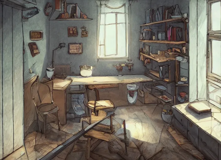 Prompt: placid auburn cute cluttered painterly hard tiny cramped dusty attic, slanted ceiling, tiny angular space, cupboards, cabinets, busy, particulate, trending on pixiv