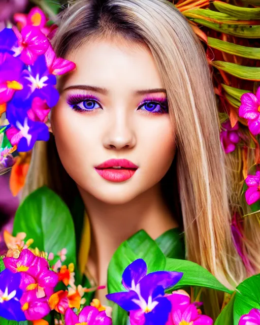 Prompt: an stunning beautiful eastern girl is surrounded by colourful tropical flowers and plants, symmetric face and eyes, upper body face shot, long straight blonde hair, visible face 5 0 mm f 2. 2