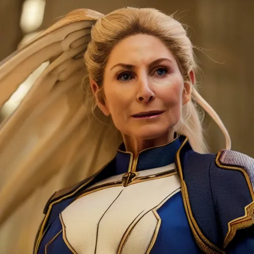 Image similar to film still of elizabeth mitchell as mercy in overwatch ( 2 0 2 3 )