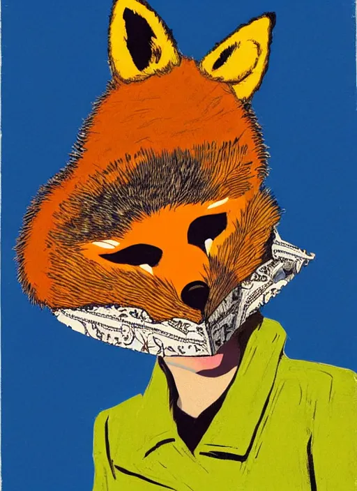 Image similar to an extreme close - up low angle portrait of the young extravagantly dressed queen in a fox mask in a scenic representation of mother nature and the meaning of life by billy childish, thick visible brush strokes, shadowy landscape painting in the background by beal gifford, vintage postcard illustration, minimalist cover art by mitchell hooks