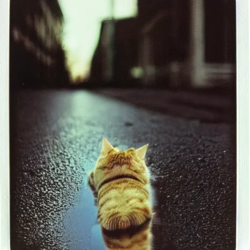 Prompt: wide-shot very low-angle eyesight first-person reflection of a cat's face in the puddle at the street, polaroid photo, by Andy Warhol, signed