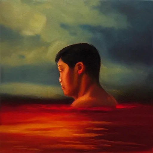 Prompt: “ wistful oil painting showing a man watching memories float away like red balloons against a sky at sunset, he wants to become a champion of loss ”