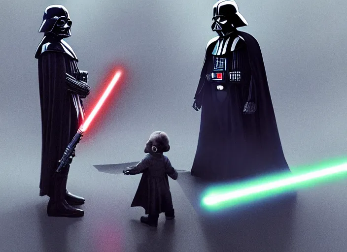 Image similar to a dramatic highly detailed render of darth vader with lightsaber drawn facing off against a cute baby, futuristic star wars vibe, by WLOP and Artgerm and Greg Rutkowski and Alphonse Mucha, Beautiful dynamic dramatic dark moody lighting, shadows, cinematic atmosphere, Artstation, concept design art, Octane render, 8K, masterpiece, sharp focus, hyperrealistic