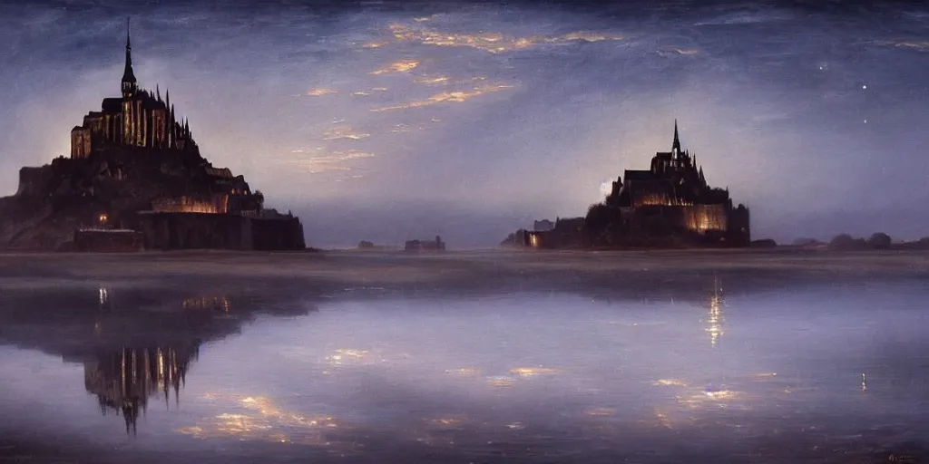 Prompt: masterpiece oil painting portraying mont saint michel in the style of romanticism landscape painters with a tree on the foreground,beautiful,misty,night sky,evocative,reflection in the water,photorealistic,chiaroscuro,soft lighting