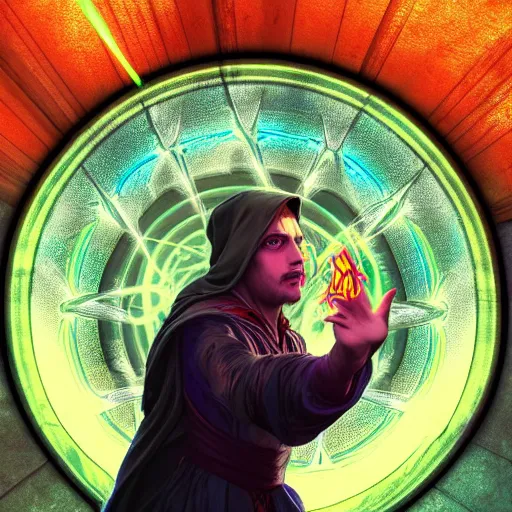 Image similar to a warlock is casting a magic spell while with magic orb floating in his hand , dynamic pose, chromatic aberration , medium level shot, Mucha style , Grim fantasy, illustration ,concept art,