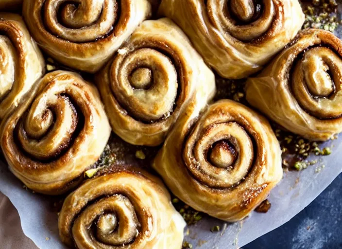 Image similar to cinnamon buns stuffed with honey and pistachio like baklava