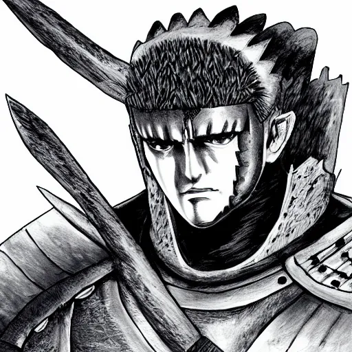 Image similar to black and white portrait painting of guts from berserk in his berserker armor