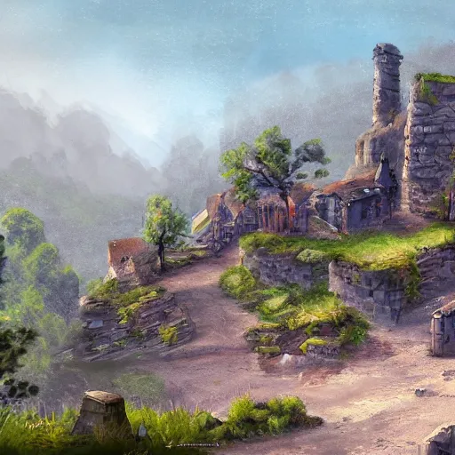 Image similar to d & d phandalin small rough and tumble town with a few cozy stone buildings along the main road. in the background on a hill is a ruined stone keep. forested area surrounds the town. view from the main road. high detail, 4 k, painting concept art