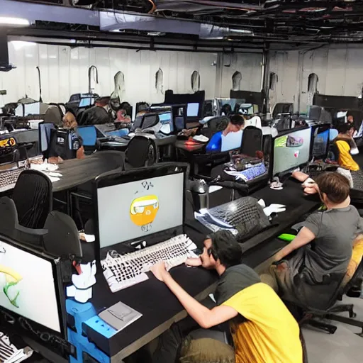 Image similar to a photograph of many video game developers working hard to ship a game