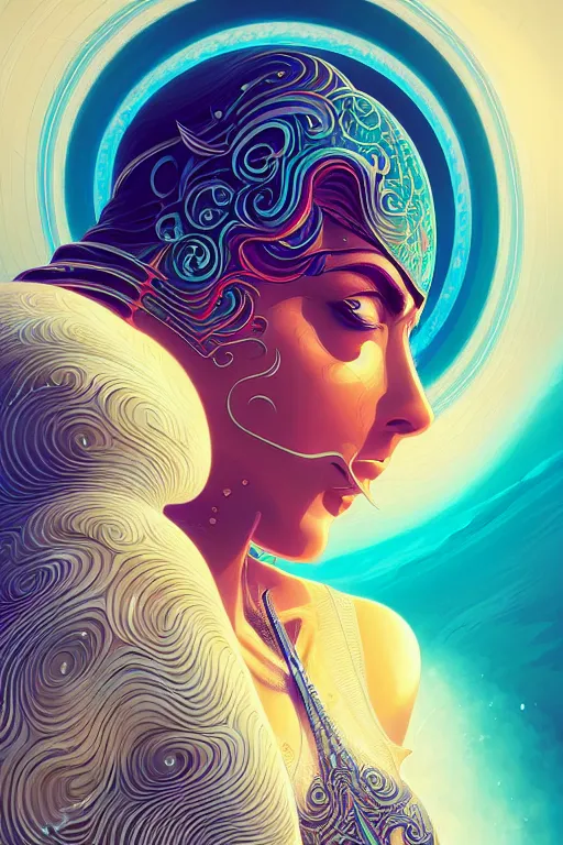 Prompt: Energetic jazz sitar portrait, Art Deco surf, fantasy, intricate art deco wave designs, elegant, highly detailed fractals, sharp focus, art by Artgerm and beeple and Greg Rutkowski and WLOP