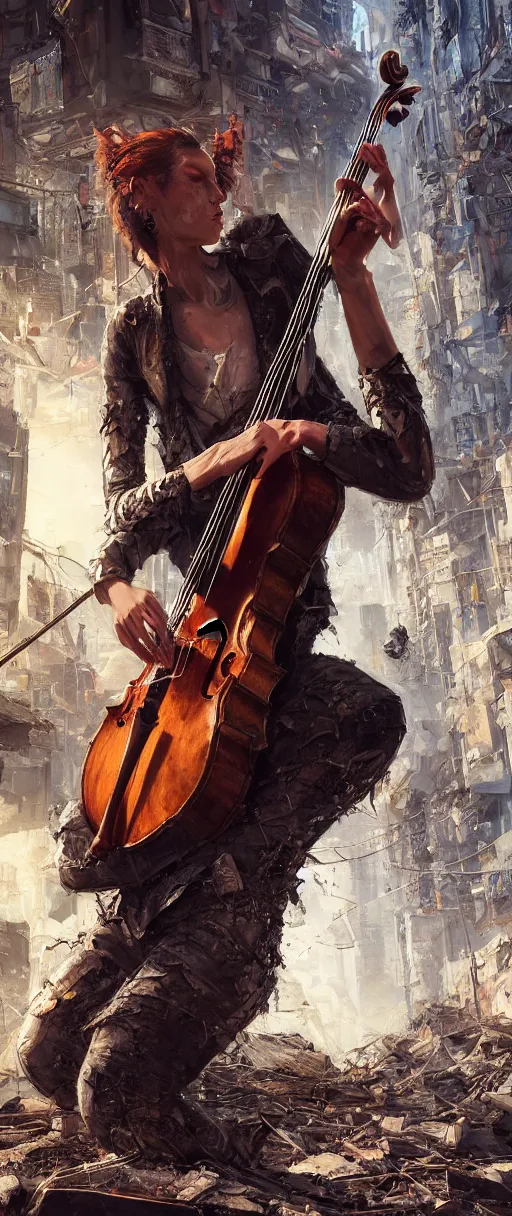 Prompt: a highly detailed portrait of a singular cellist playing in the rubble of a fallen building in a cyberpunk city, beautifully lit, concept art, sharp focus, in the style of steve argyle and pascal blanche, artstation HD, artgerm, octane render