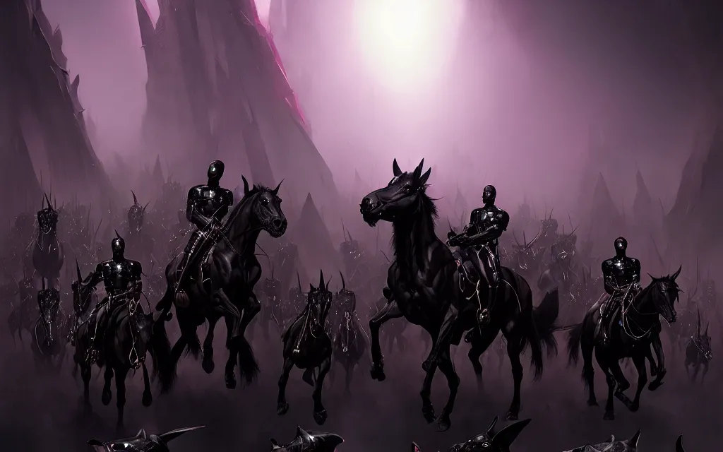 Image similar to a cinematic scene of an army of black demonic cavalry by moebius and stephan martiniere, trending on artstation, digital art, 4 k resolution, detailed, high quality, sharp focus, hq artwork, insane detail, cinematic, volumetric lighting, dramatic lighting, epic light, cinematic aesthetic