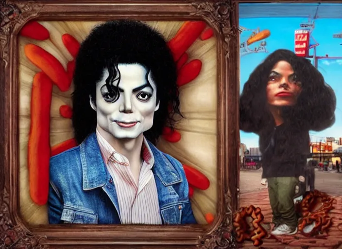 Image similar to michael jackson with pretzel hair, lowbrow, matte painting, 3 - d highly detailed, in the style of mark ryden,