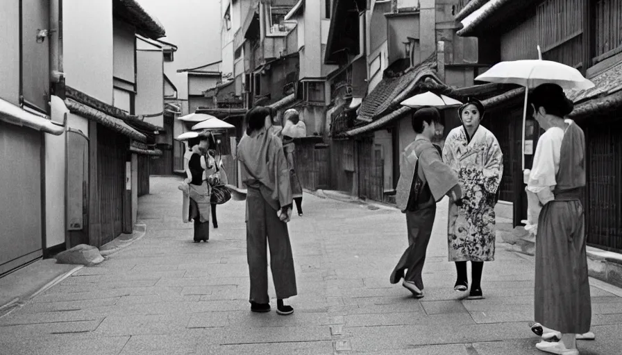 Image similar to mr. hulot lost in the streets of gion, inquiring directions from a geisha in old kyoto, cinematic 1 9 7 0, in the style. of wes anderson and jacques tati