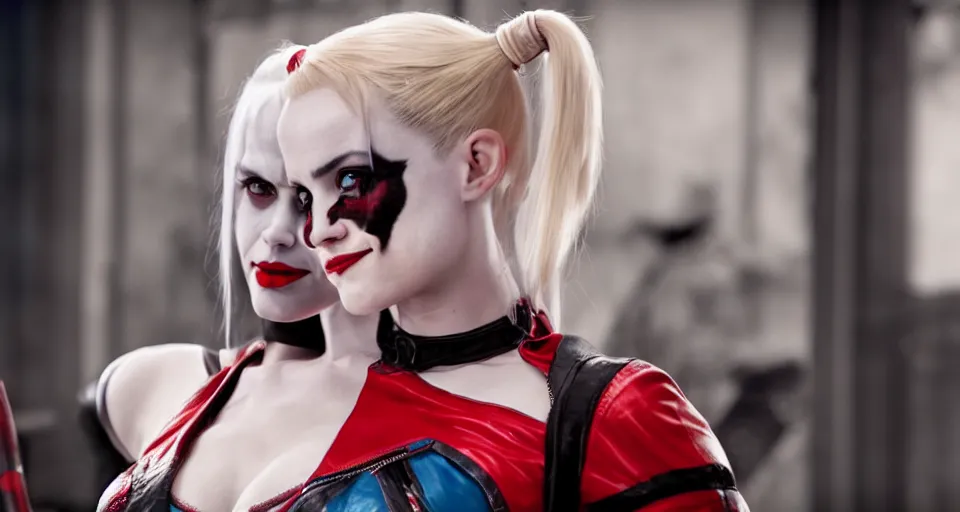 Image similar to real-life Harley Quinn, cinematic, Wide-shot, atmospheric lighting, directed by Quentin Tarantino, extreme detail, 8K, movie still