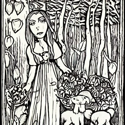 Prompt: In the illustration Vasilisa can be seen standing in the forest, surrounded by animals. She is holding a basket of flowers in one hand and a spindle in the other. Her face is turned towards the viewer, with a gentle expression. In the background, the forest is depicted as a dark and mysterious place. de stijl, black velvet by Erich Heckel, by Helene Schjerfbeck dynamic, soothing