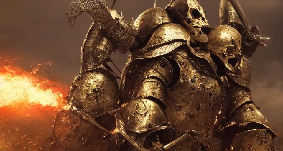 Image similar to render of A skull faced knight with a skull mask, wearing a golden set of armor standing strong in the middle of a battlefield, hyper realistic, unreal, craig mullins, alex boyd, lord of the rings, game of thrones, dark souls, artstation, cinematic action shot, warhammer