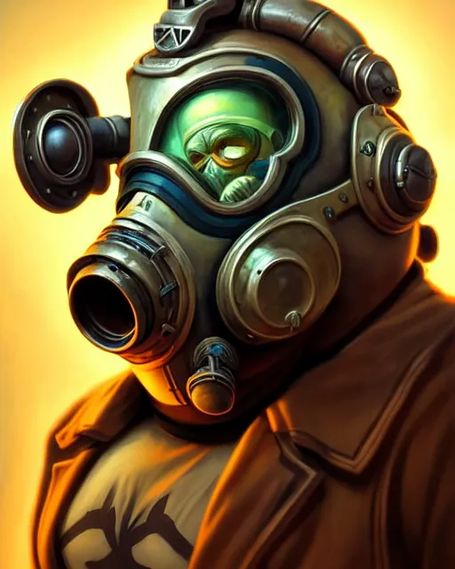 Image similar to roadhog from overwatch, gas mask, character portrait, portrait, close up, highly detailed, intricate detail, amazing detail, sharp focus, vintage fantasy art, vintage sci - fi art, radiant light, caustics, by boris vallejo