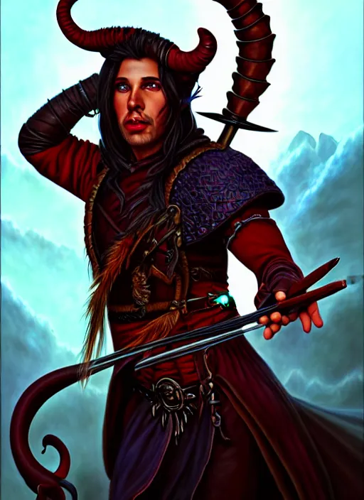 Image similar to tiefling bard, full body, hyper realistic, extremely detailed, dnd character art portrait, dark fantasy art, intricate fantasy painting, dramatic lighting, vivid colors, deviantart, artstation, by larry elmore.